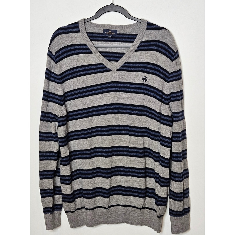 Brooks Brothers Mens XL V Neck Logo Striped Sweater Gray Blue‎ Merino Wool Blend